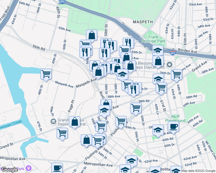 map of restaurants, bars, coffee shops, grocery stores, and more near 57-40 58th Street in Queens