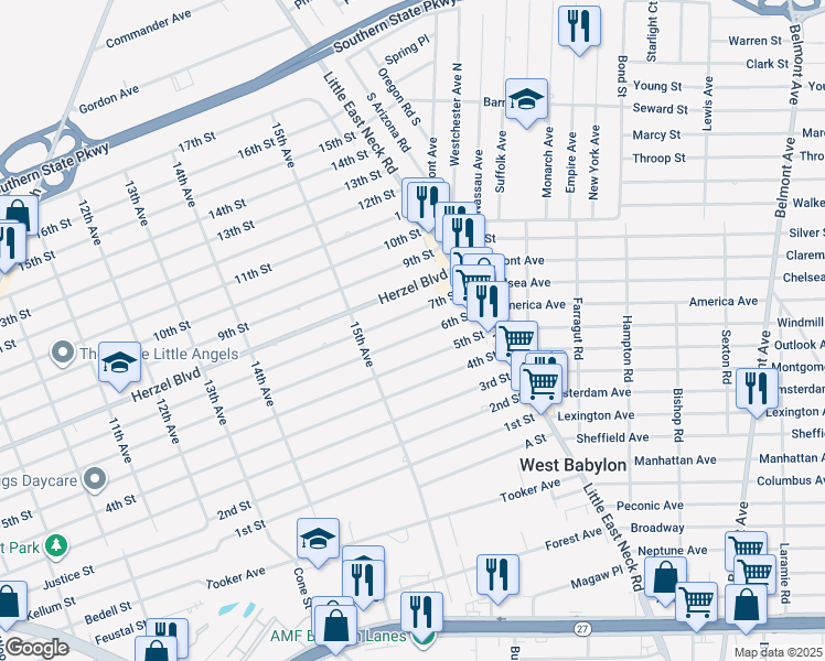 map of restaurants, bars, coffee shops, grocery stores, and more near 1542 6th Street in West Babylon