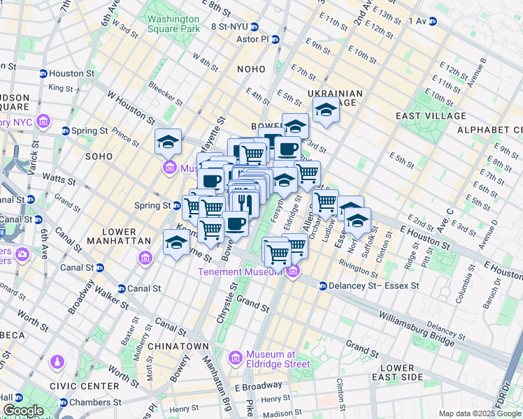 map of restaurants, bars, coffee shops, grocery stores, and more near 195 Chrystie Street in New York