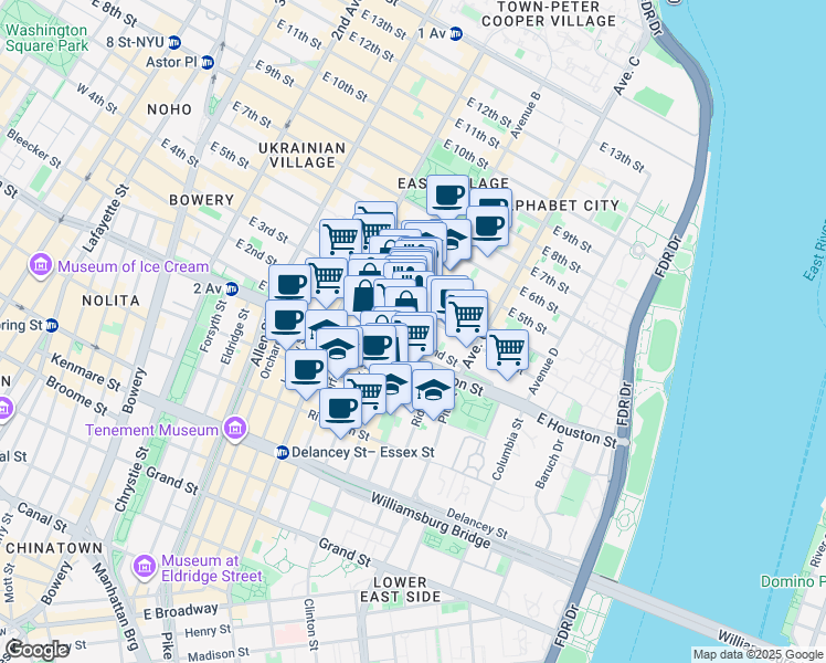map of restaurants, bars, coffee shops, grocery stores, and more near 210 East 2nd Street in New York