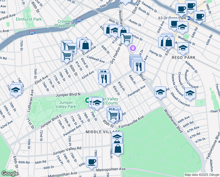 map of restaurants, bars, coffee shops, grocery stores, and more near 63-11 82nd Place in Queens