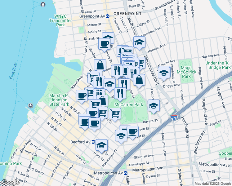 map of restaurants, bars, coffee shops, grocery stores, and more near 24 Bedford Avenue in Brooklyn