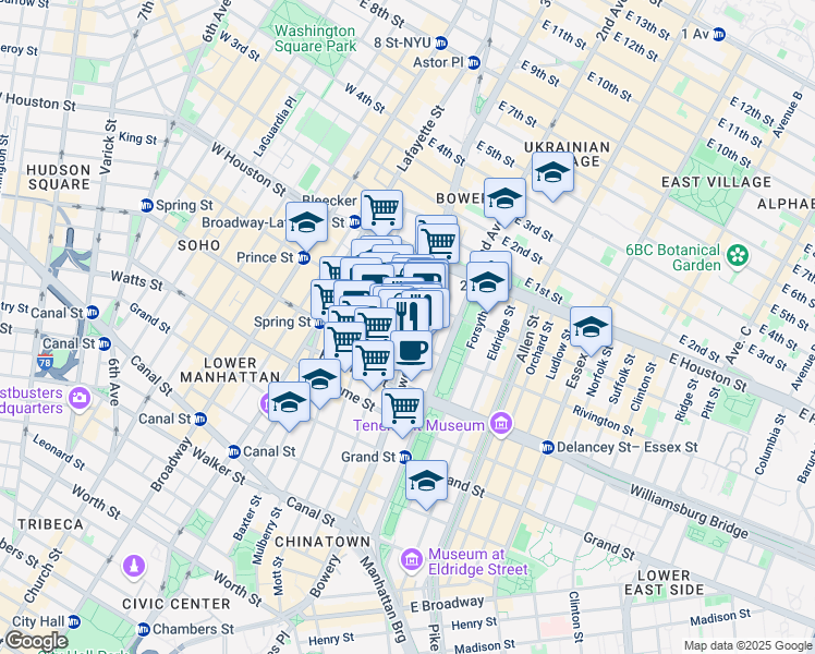 map of restaurants, bars, coffee shops, grocery stores, and more near 222 Bowery in New York