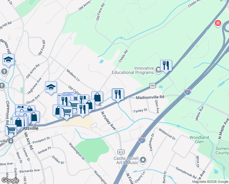 map of restaurants, bars, coffee shops, grocery stores, and more near 10B Somerset Hills Village in Bernardsville