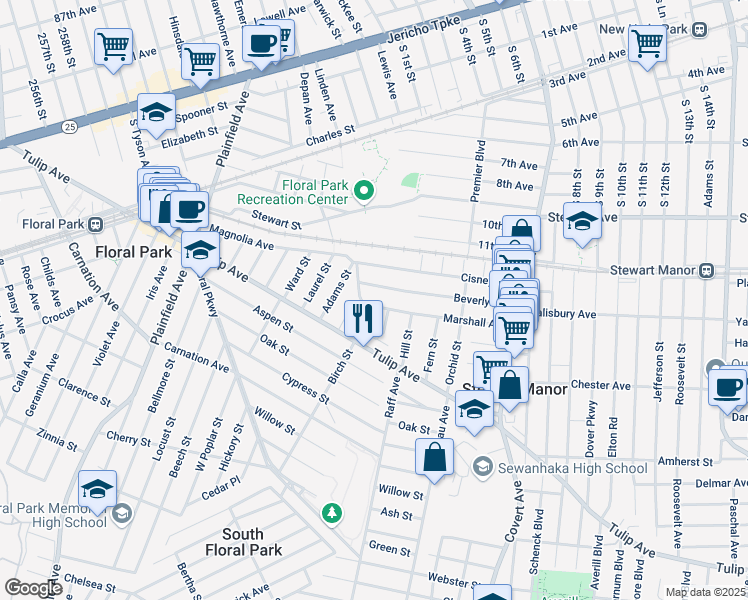 map of restaurants, bars, coffee shops, grocery stores, and more near 24 Revere Drive West in Floral Park