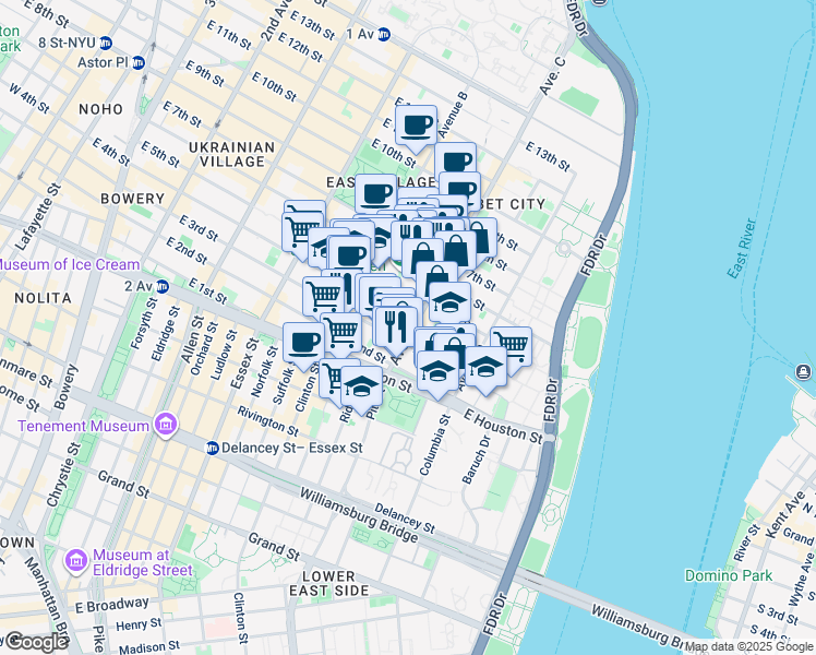 map of restaurants, bars, coffee shops, grocery stores, and more near 53 Avenue C in New York