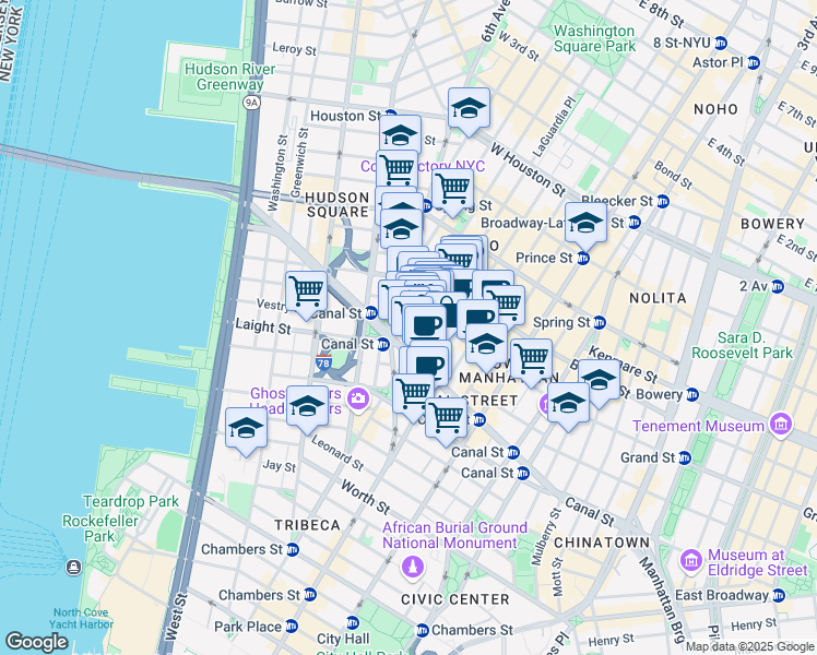 map of restaurants, bars, coffee shops, grocery stores, and more near 310 West Broadway in New York