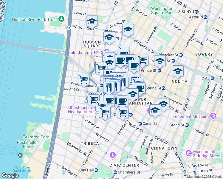 map of restaurants, bars, coffee shops, grocery stores, and more near 310 West Broadway in New York