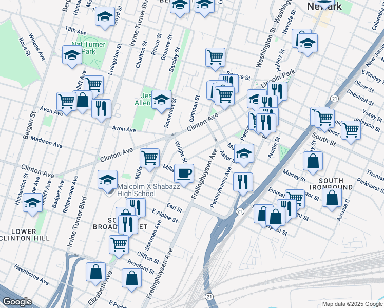 map of restaurants, bars, coffee shops, grocery stores, and more near 89 Sherman Avenue in Newark