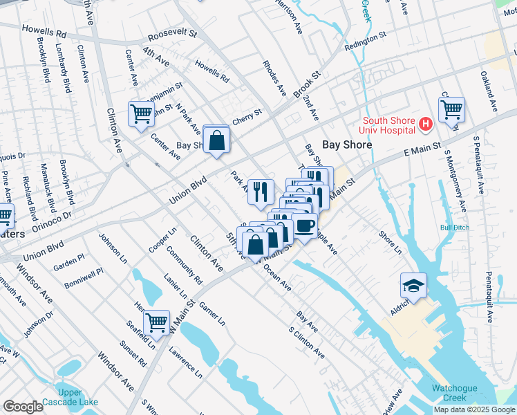 map of restaurants, bars, coffee shops, grocery stores, and more near 36 Park Avenue in Bay Shore