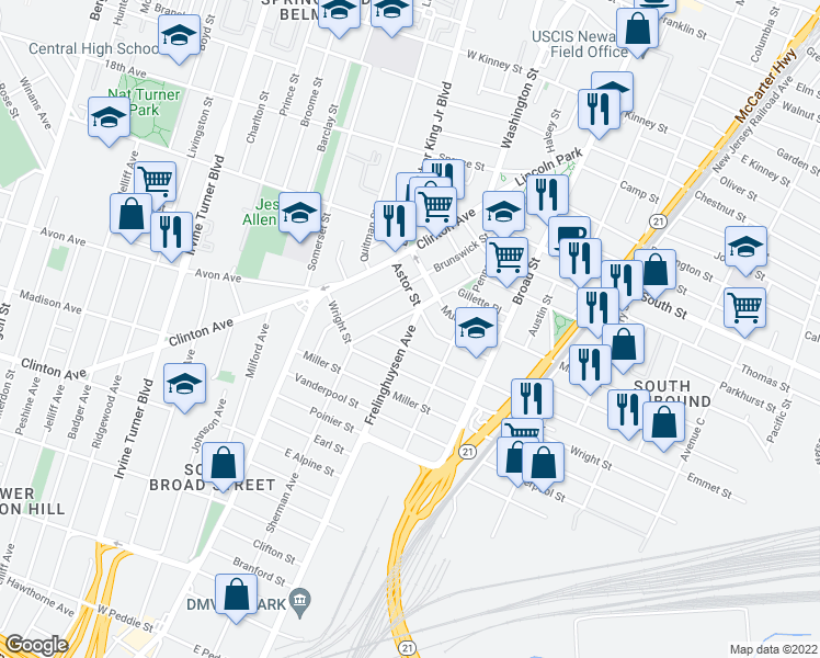 map of restaurants, bars, coffee shops, grocery stores, and more near 17 Frelinghuysen Avenue in Newark