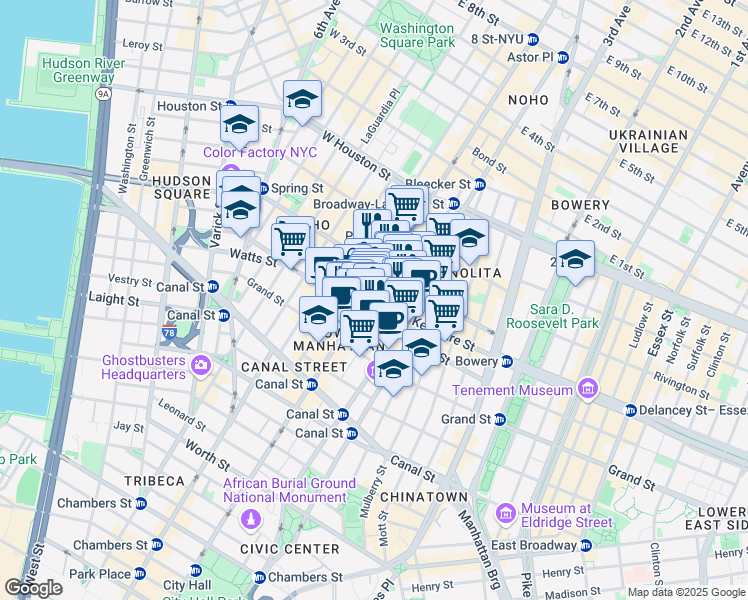map of restaurants, bars, coffee shops, grocery stores, and more near 504 Broadway in New York