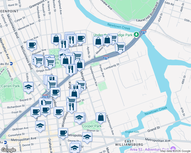 map of restaurants, bars, coffee shops, grocery stores, and more near 108 Beadel Street in Brooklyn