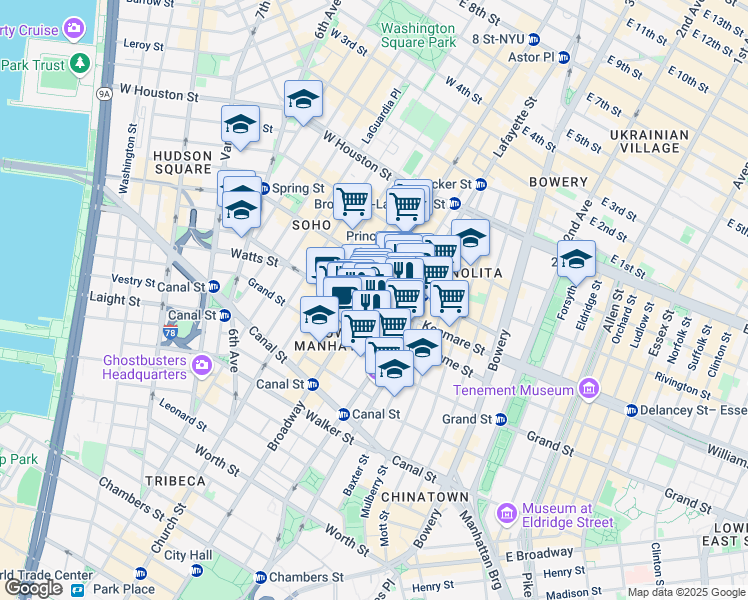 map of restaurants, bars, coffee shops, grocery stores, and more near 504 Broadway in New York