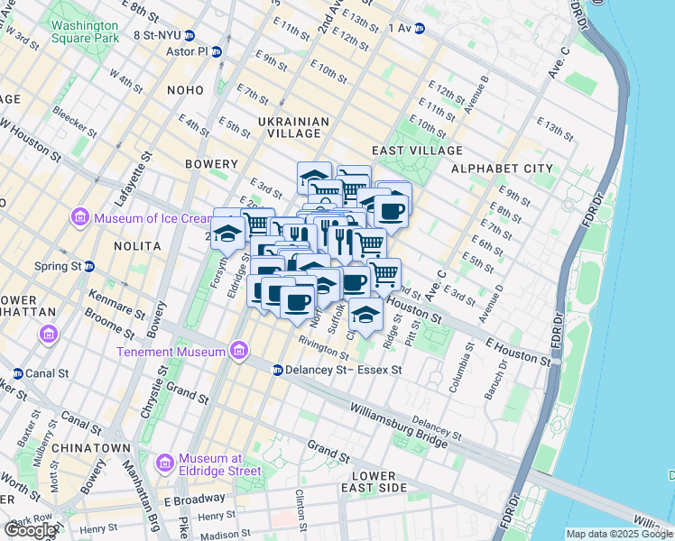map of restaurants, bars, coffee shops, grocery stores, and more near 250 East Houston Street in New York