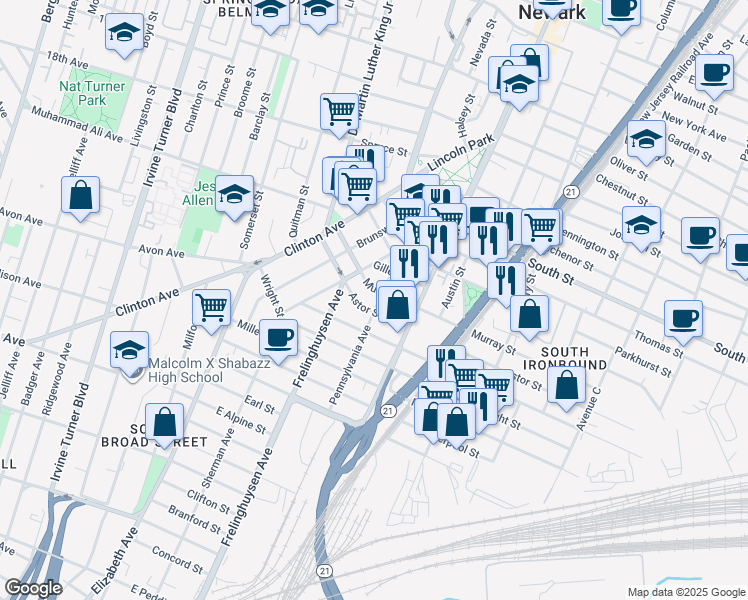 map of restaurants, bars, coffee shops, grocery stores, and more near 67 Astor Street in Newark