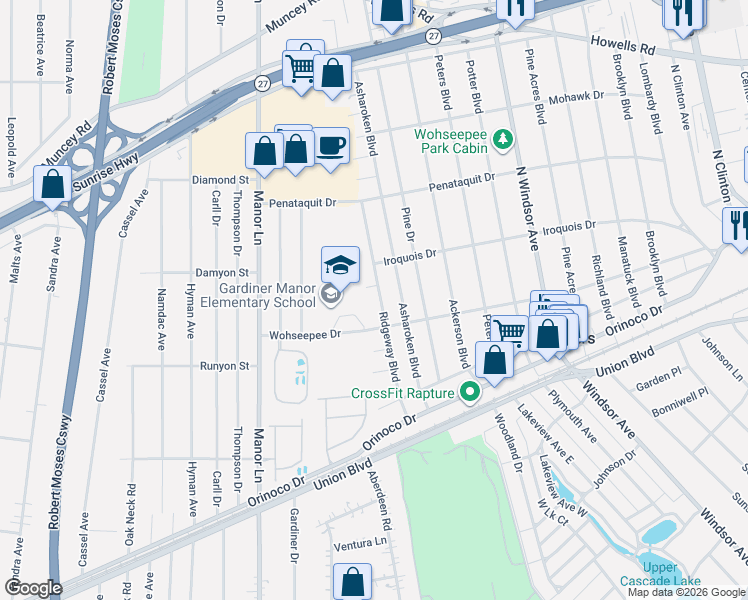 map of restaurants, bars, coffee shops, grocery stores, and more near 40 Ridgeway Boulevard in Bay Shore