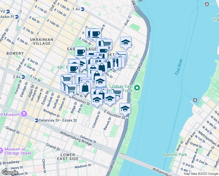 map of restaurants, bars, coffee shops, grocery stores, and more near 58 Avenue D in New York