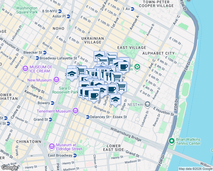 map of restaurants, bars, coffee shops, grocery stores, and more near 231 East Houston Street in New York