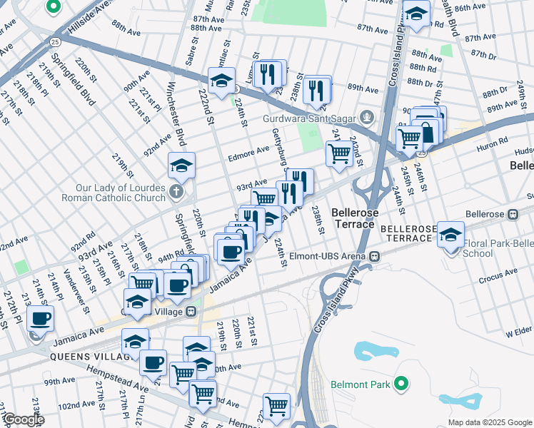 map of restaurants, bars, coffee shops, grocery stores, and more near 222-51 Jamaica Avenue in Queens