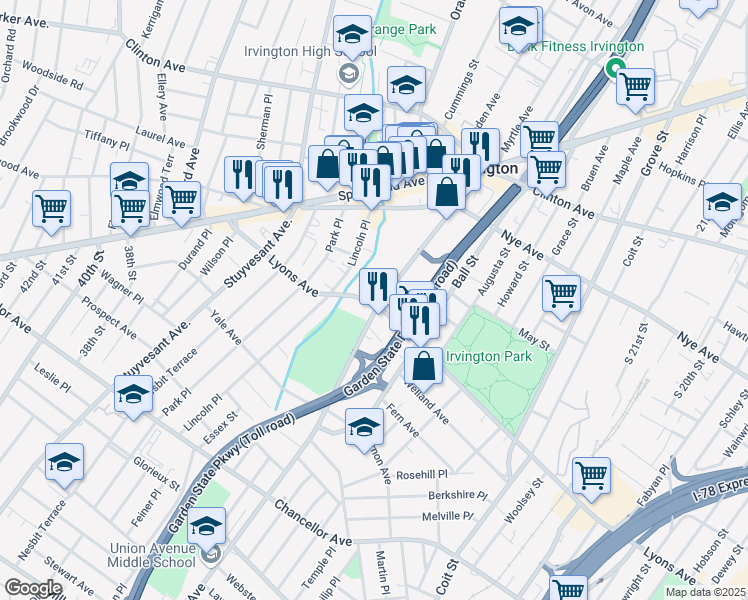 map of restaurants, bars, coffee shops, grocery stores, and more near 753 Lyons Avenue in Irvington