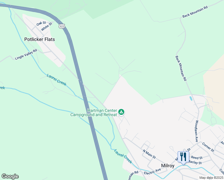 map of restaurants, bars, coffee shops, grocery stores, and more near Pleasant Lane in Milroy