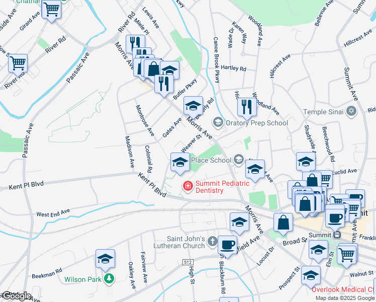 map of restaurants, bars, coffee shops, grocery stores, and more near 30 Weaver Street in Summit