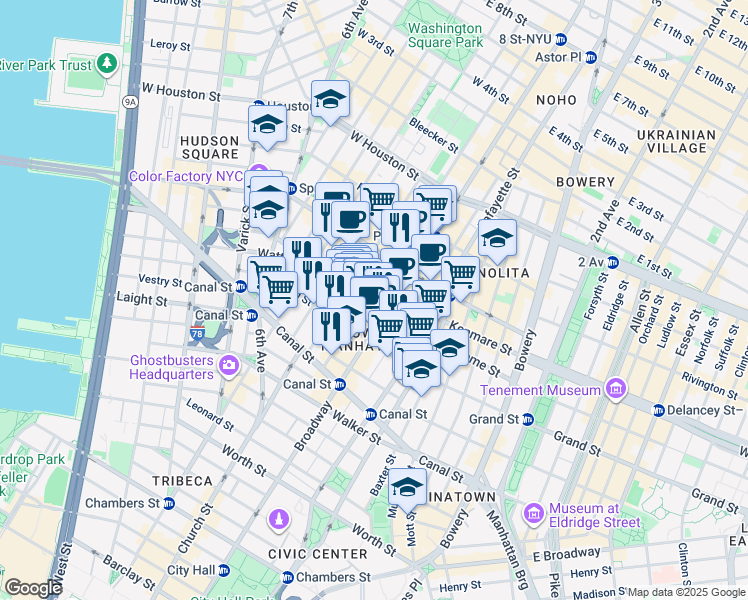 map of restaurants, bars, coffee shops, grocery stores, and more near in New York