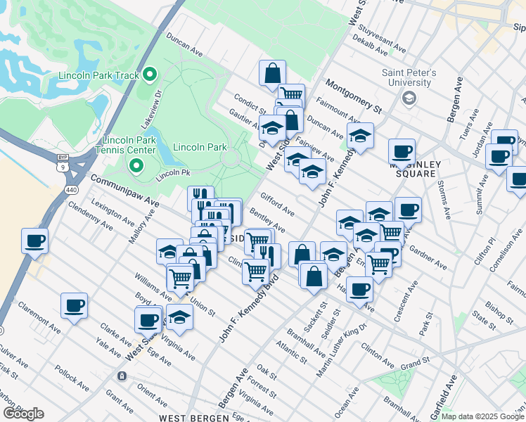 map of restaurants, bars, coffee shops, grocery stores, and more near 128 Bentley Avenue in Jersey City