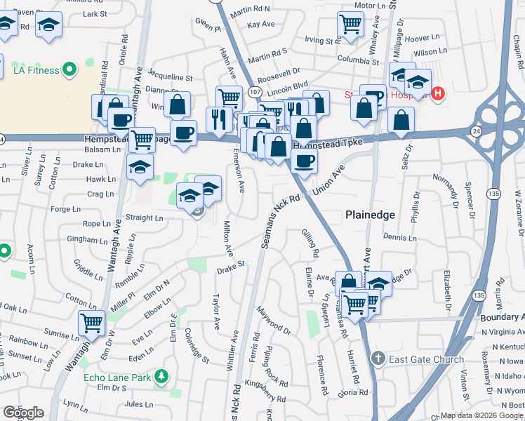 map of restaurants, bars, coffee shops, grocery stores, and more near 17 Seamans Neck Road in Bethpage
