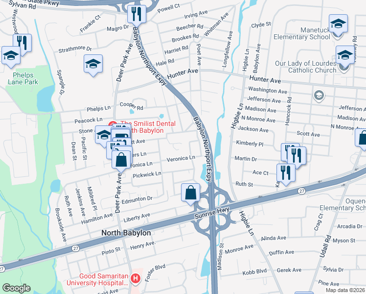 map of restaurants, bars, coffee shops, grocery stores, and more near 96 Martha Court in North Babylon