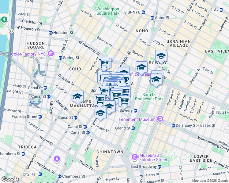map of restaurants, bars, coffee shops, grocery stores, and more near 215 Mulberry Street in New York