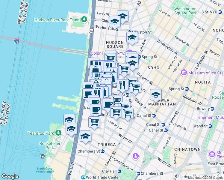 map of restaurants, bars, coffee shops, grocery stores, and more near 46 Laight Street in New York