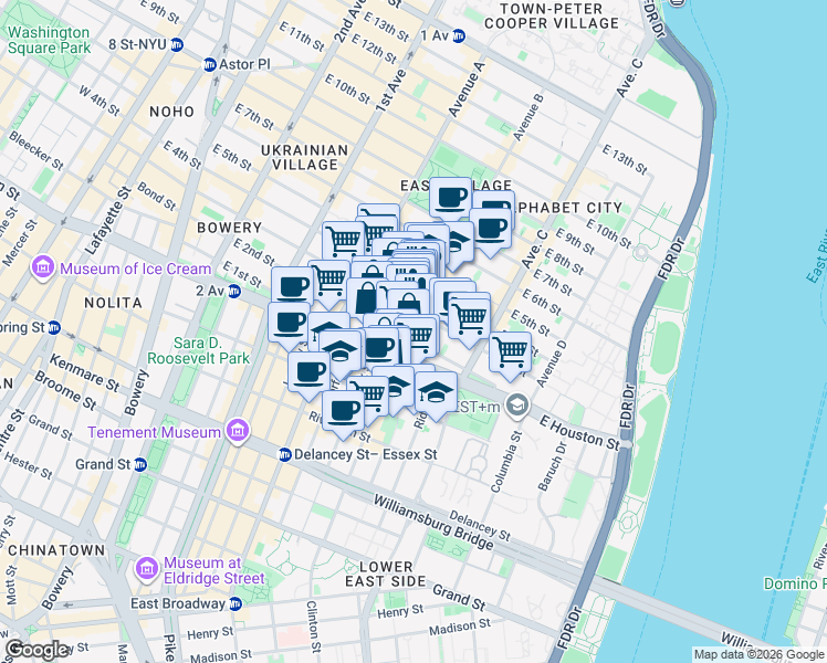 map of restaurants, bars, coffee shops, grocery stores, and more near 210 East 2nd Street in New York