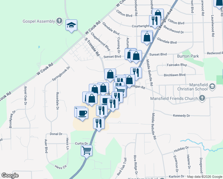 map of restaurants, bars, coffee shops, grocery stores, and more near 1311-1335 South Trimble Road in Mansfield