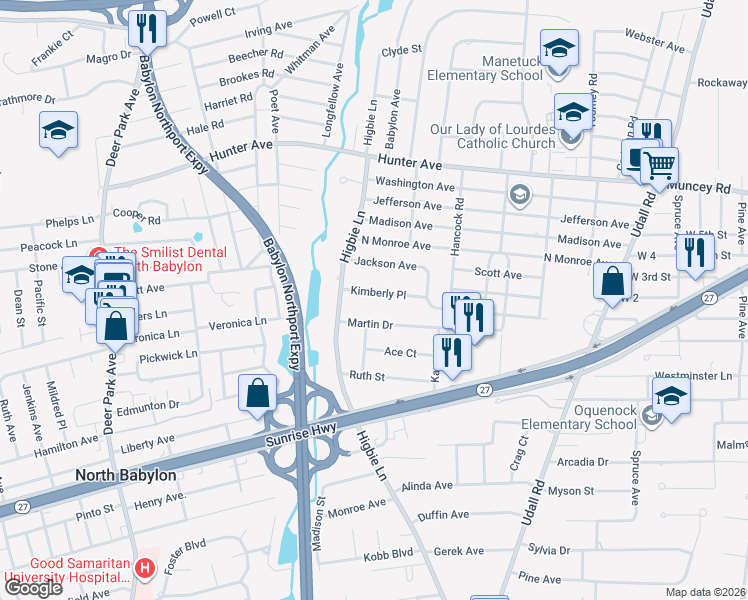 map of restaurants, bars, coffee shops, grocery stores, and more near 316 Kimberly Place in West Islip