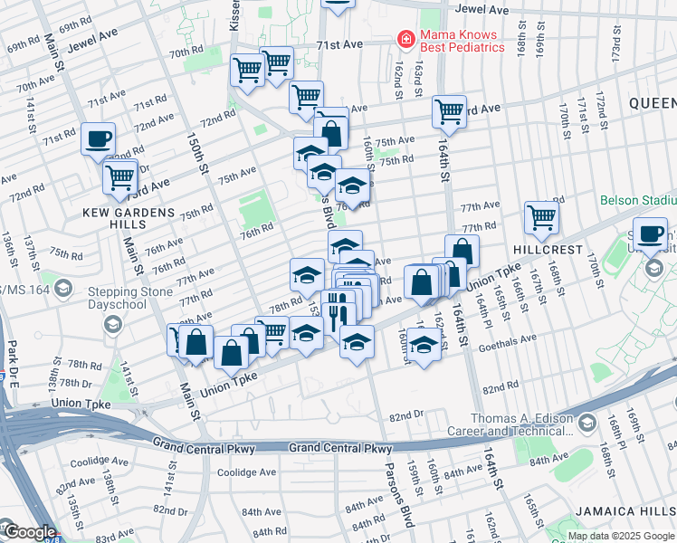 map of restaurants, bars, coffee shops, grocery stores, and more near 78-02 Parsons Boulevard in Queens