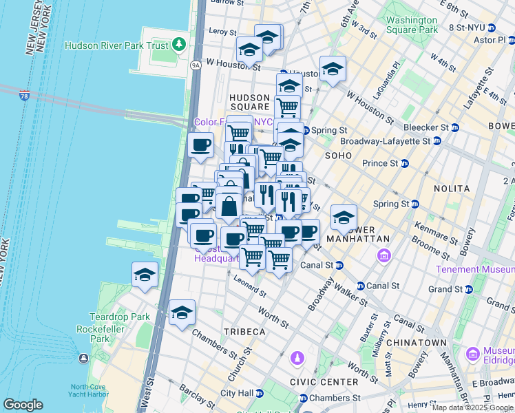 map of restaurants, bars, coffee shops, grocery stores, and more near 28 Laight Street in New York