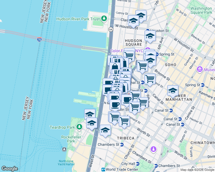 map of restaurants, bars, coffee shops, grocery stores, and more near 79 Laight Street in New York