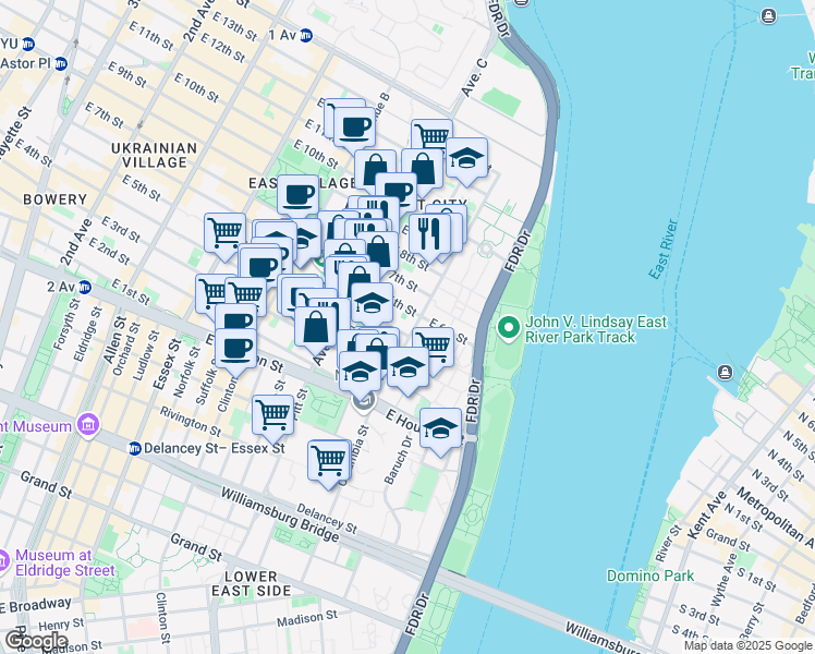 map of restaurants, bars, coffee shops, grocery stores, and more near 65 Avenue D in New York