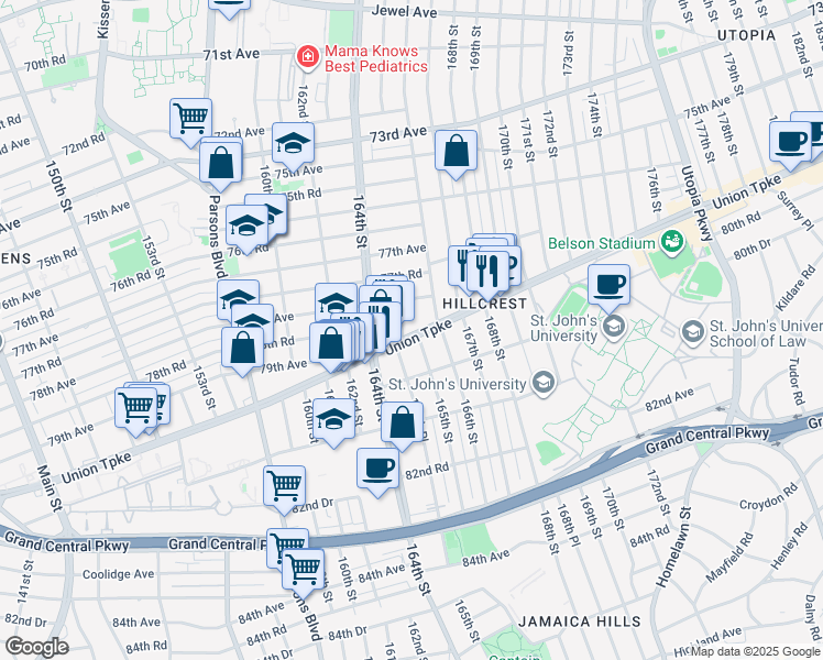 map of restaurants, bars, coffee shops, grocery stores, and more near 165-9 Union Turnpike in Queens
