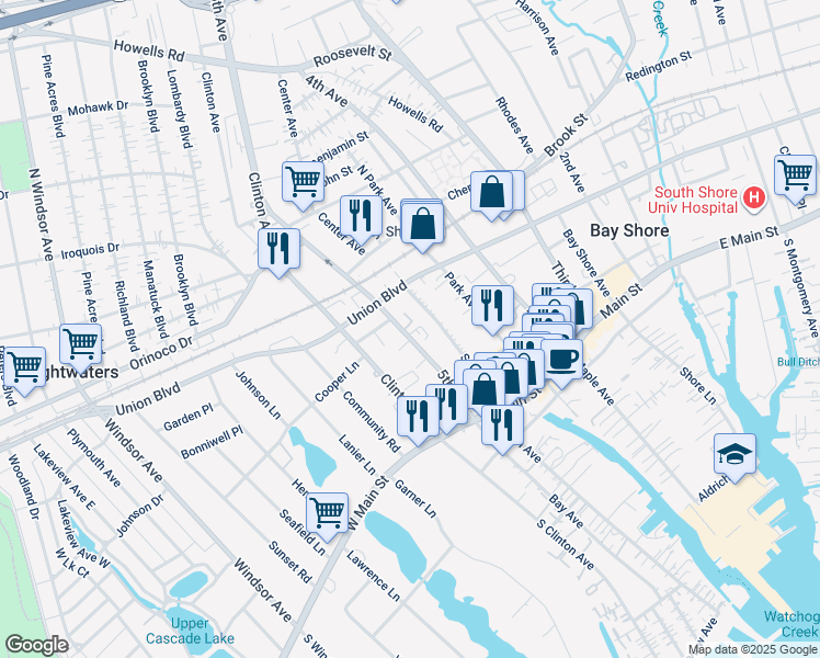 map of restaurants, bars, coffee shops, grocery stores, and more near 53 5th Avenue in Bay Shore