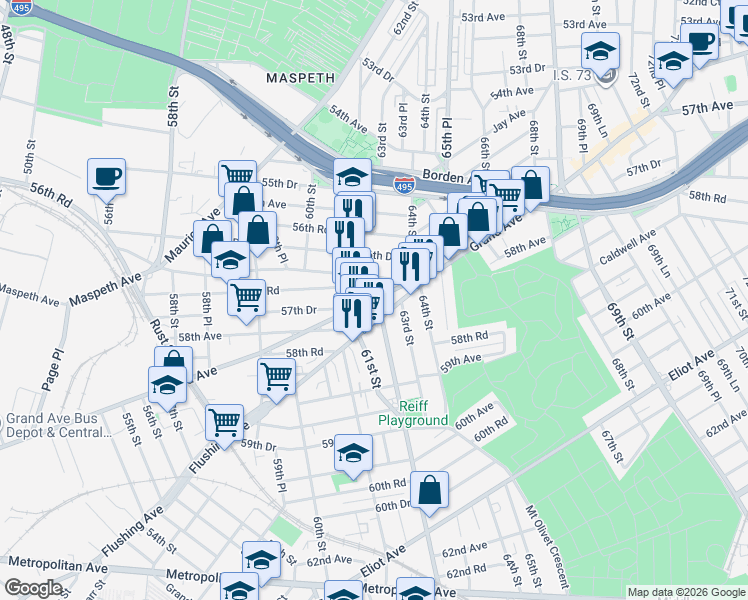map of restaurants, bars, coffee shops, grocery stores, and more near 61-28 Grand Avenue in Queens