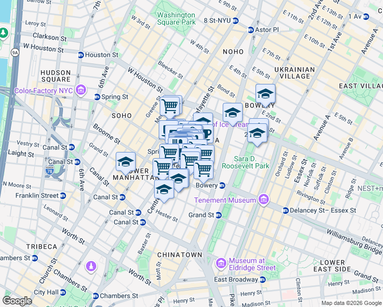 map of restaurants, bars, coffee shops, grocery stores, and more near 214 Mulberry Street in New York