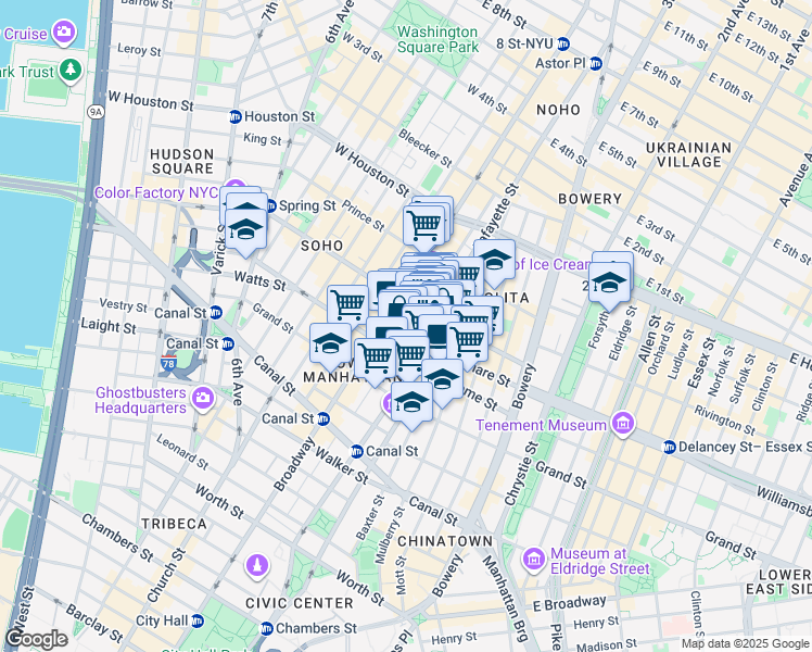 map of restaurants, bars, coffee shops, grocery stores, and more near 226 Lafayette Street in New York