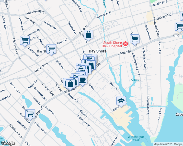 map of restaurants, bars, coffee shops, grocery stores, and more near 44 East Main Street in Bay Shore