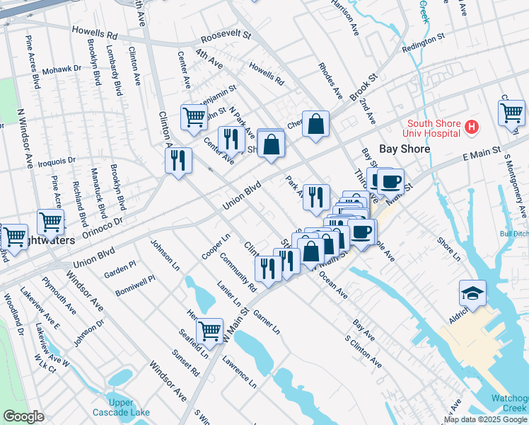 map of restaurants, bars, coffee shops, grocery stores, and more near 53 5th Avenue in Bay Shore