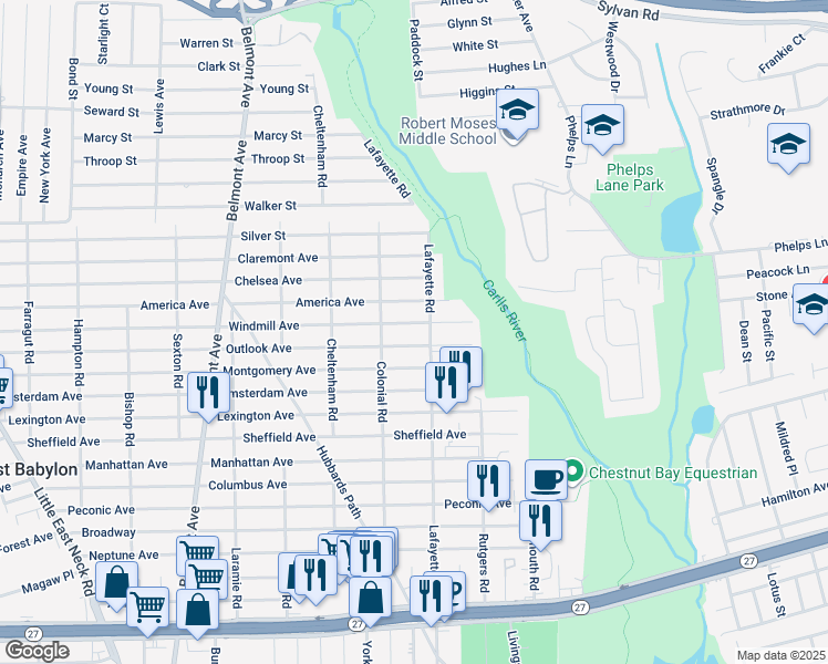 map of restaurants, bars, coffee shops, grocery stores, and more near 801 Outlook Avenue in West Babylon
