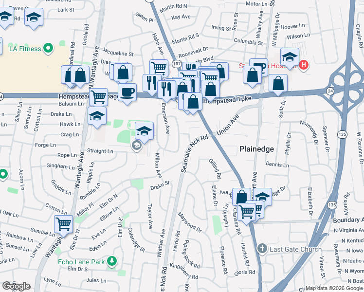 map of restaurants, bars, coffee shops, grocery stores, and more near 17 Seamans Neck Road in Bethpage