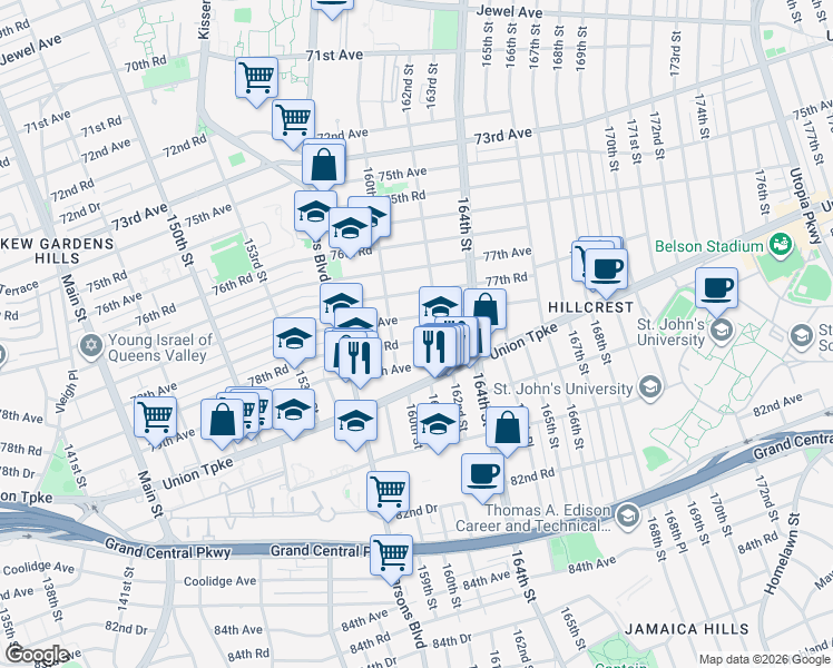 map of restaurants, bars, coffee shops, grocery stores, and more near 78-19 160th Street in Queens